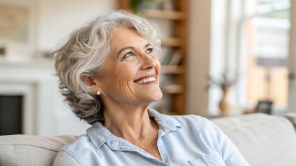 Golden years. Head shot portrait beautiful happy senior adult lady retiree relax sitting on sofa at home looking aside with calm dreamy smile enjoy good health active retirement serenity of free time