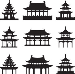 Asian pagodas and pavilions silhouette collection architecture