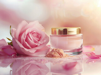 Face care cream in a transparent jar with a gold lid on a background of pink roses