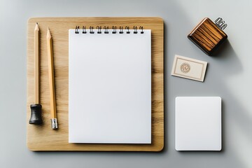 Topdown view of wooden clipboard, spiral notepad, pencils, card, and white square tile