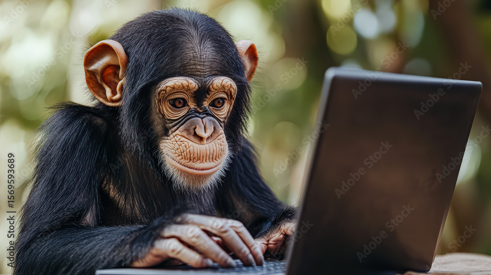 Poster monkey is sitting in front of a laptop computer, typing on the keyboard. the scene is playful and li
