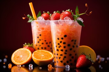 Two glasses of iced bubble tea are garnished with fresh strawberries, ice cubes, and orange slices, creating a vibrant and refreshing beverage