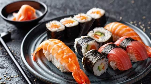 Delicious sushi platter with salmon, shrimp, and maki rolls japanese food photography style
