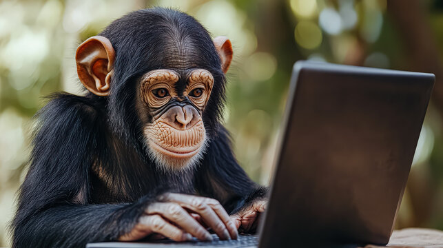 Monkey is sitting in front of a laptop computer, typing on the keyboard. The scene is playful and lighthearted, as the monkey appears to be engaged in a task that is typically reserved for humans