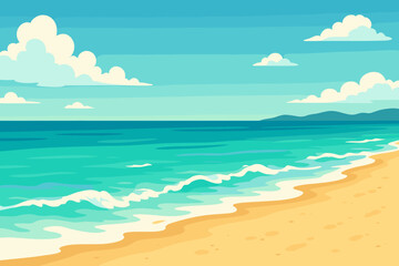 Tranquil Sandy Beach Shoreline, Turquoise Ocean Waves, Serene Coastline, Blue Sky, White Clouds, Summer Seascape, Idyllic Nature, Vector Illustration