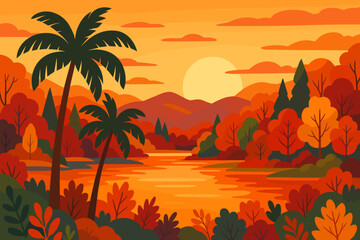 Vibrant Autumn Sunset Landscape with Palm Trees, Colorful Mixed Forest, Lake, Mountains, Bushes, Plants, Scenic Nature Illustration, Holiday Travel Concept
