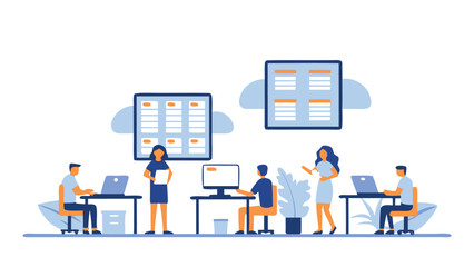 Illustration of people working in an office setting with computers and task boards on the wall space