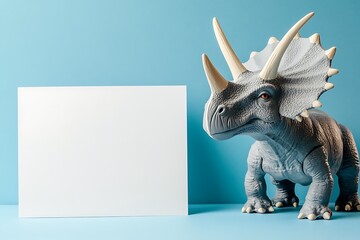 Toy Triceratops Dinosaur with White Rectangle on Light Blue Background