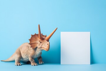 Triceratops Dinosaur Toy on Light Blue Backdrop with a White Blank Square Board