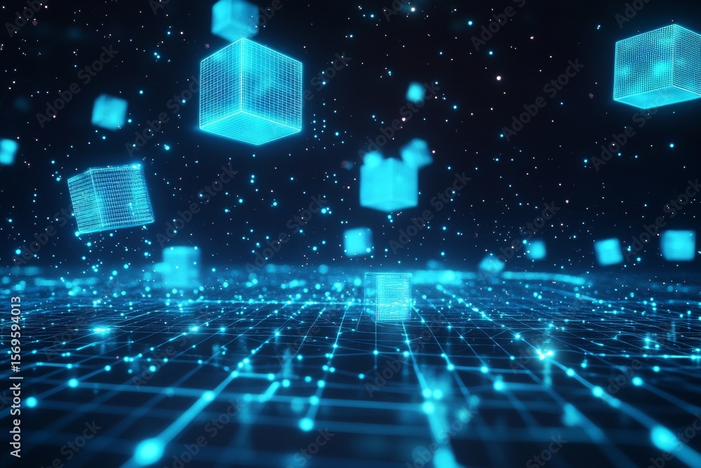 Poster glowing blue grids cover the digital surface, while translucent 3d cubes float elegantly in a dark s