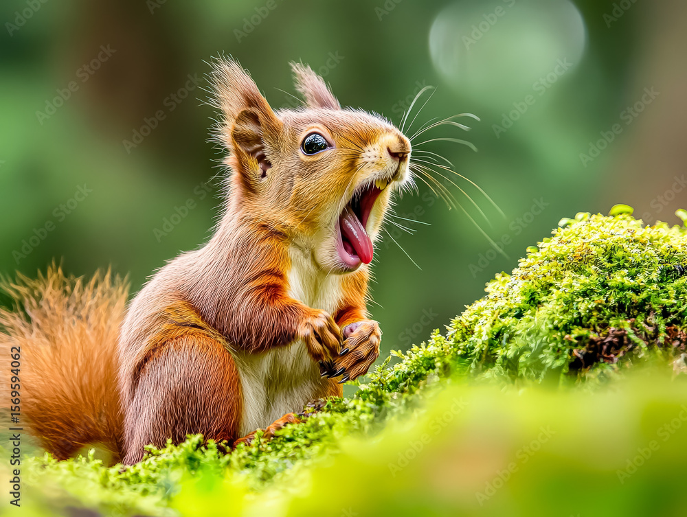 Poster squirrel is sitting on a mossy log and making a loud noise. concept of curiosity and playfulness, as