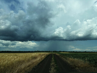 A dirt road runs through a green field under dark rain clouds, creating a dramatic scene of an...