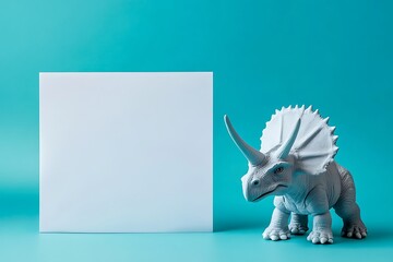Triceratops Figurine with White Board on Turquoise Background Still Life Art