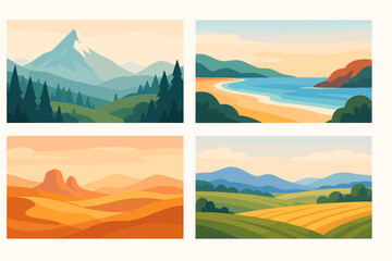 Naklejka premium Abstract Landscape Vector Collection. Flat Style Nature Banners Featuring Mountains, Forests, Hills, Beaches, Desert, Meadows, Fields. Scenic Outdoor Backgrounds, Minimalist Design