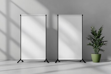 Twin White Roll Up Banner Stands with Green Plant on a Neutral Background with Shadows