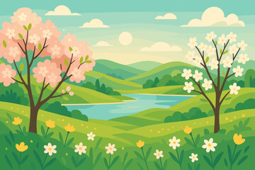 Spring Landscape Vector Illustration. Blooming Cherry Blossom and Apple Trees, Wildflowers, Green Rolling Hills, Blue Lake, Sunny Sky, Nature Scenery, Modern Flat Art