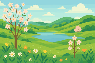 Obraz premium Spring Landscape Vector Illustration. Blooming Cherry Blossom Trees, Wildflowers, Green Rolling Hills, Blue Lake, Meadows, Nature Scenery, Flat Modern Style, Seasonal Springtime Background