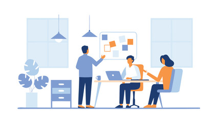 Obraz premium Illustration of a business meeting with three people and a presentation board in an office setting