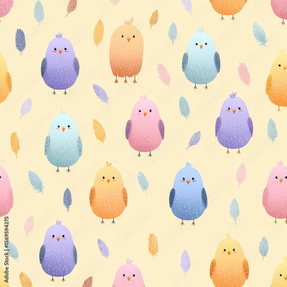 Poster cute seamless pattern featuring tiny round birds with colorful feathers against a soft pastel backgr