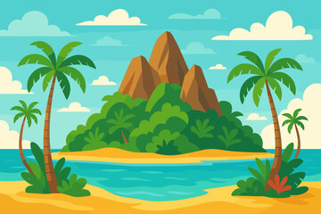 Tropical Island Paradise Vector Illustration. Sandy Beach, Rocky Mountains, Lush Jungle, Palm Trees, Blue Sky, Exotic Plants, Seaside Landscape, Summer Vacation, Nature Travel Concept