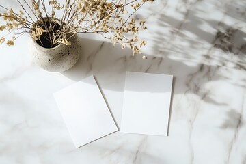Two Blank Cards with Vase and Dried Flowers on Marble Table Under Sunlight