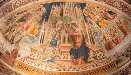 Fototapete Rund PAVIA, ITALY - SEPTEMBER 8, 2024: The detail of fresco of  Coronation of Virgin Mary in the church  Basilica di San Michaele Maggiore by Agostino da Vaprio from 15. cent. © Renáta Sedmáková