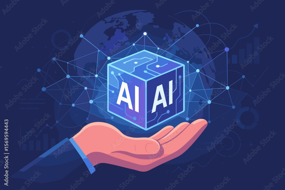 Poster ai cube in hand concept. future of global business and corporate powered by smart artificial intelli