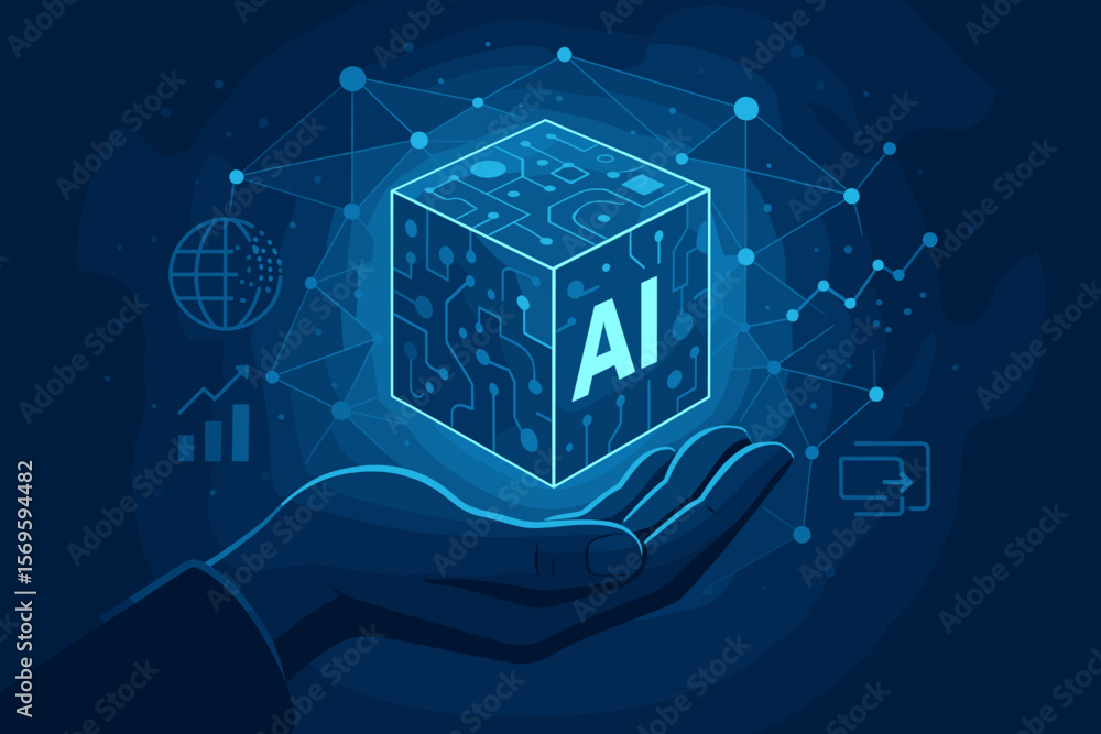 Poster artificial intelligence concept. ai cube in hand. future business technology. corporate global netwo