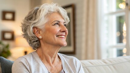 Golden years. Head shot portrait beautiful happy senior adult lady retiree relax sitting on sofa at home looking aside with calm dreamy smile enjoy good health active retirement serenity of free time