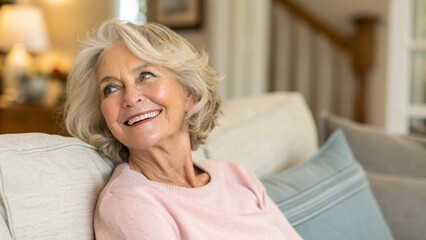 Golden years. Head shot portrait beautiful happy senior adult lady retiree relax sitting on sofa at home looking aside with calm dreamy smile enjoy good health active retirement serenity of free time