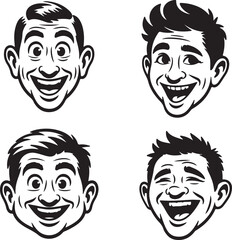 Four laughing faces with black outlines and white fill male cartoon