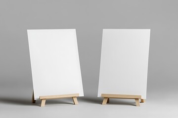 Two Blank White Cards on Wooden Easels Against a Grey Background