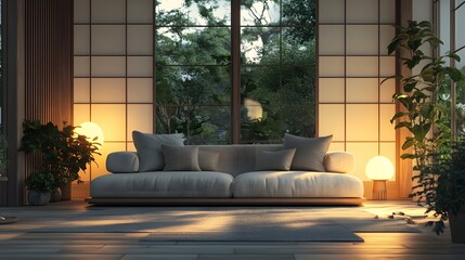 Obraz premium Cozy and Inviting Modern Living Room with Sunset View and Lush Greenery