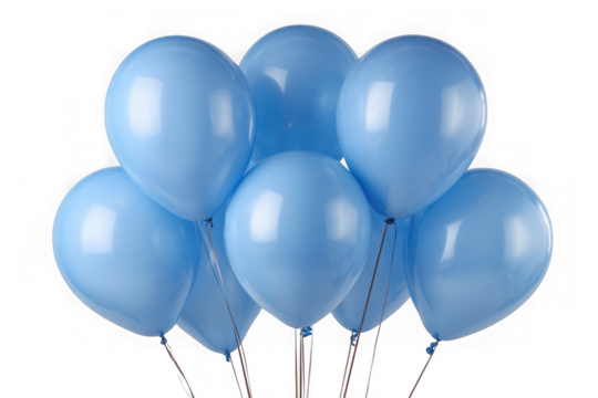 A bunch of light blue balloons floating together isolated on transparent background
