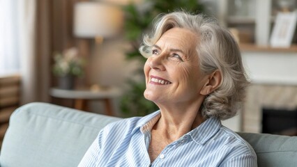 Golden years. Head shot portrait beautiful happy senior adult lady retiree relax sitting on sofa at home looking aside with calm dreamy smile enjoy good health active retirement serenity of free time