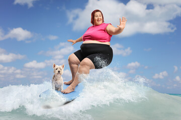 Big woman with a dog riding a surfboard