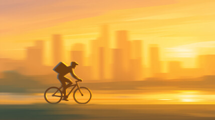Fototapeta premium Cyclist rides past city skyline illuminated by warm sunset glow. Urban landscape enhances sense of motion and adventure. Concept of delivery service, urban commuting, logistics