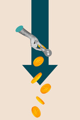 Vertical pop sketch 3d collage of business human hand point dollar inflation currency regress arrow decline economy crisis
