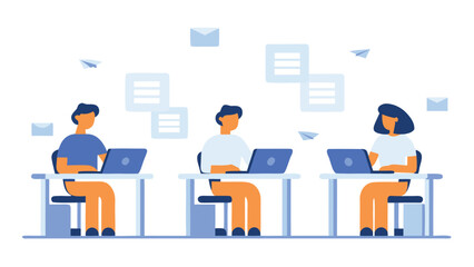 Illustration of three people working on laptops at desks with paper airplanes and messages floating around them