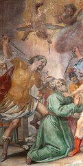 FLORENCE, ITALY - MARCH 18, 2025: The fresco Martyrdom of St. Simon the apostle in the chruch...