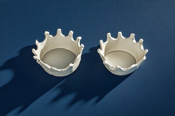 Two White Ceramic Crown Bowls on Blue Textured Surface with Harsh Lighting