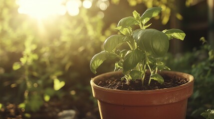 A basil plant in a terracotta pot, bathed in golden sunlight