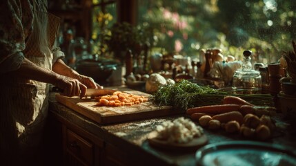 Obraz premium Person Carefully Chopping Fresh Orange Carrots on Wooden Cutting Board in Bright Kitchen Setting