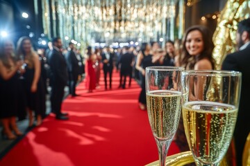 Guests mingle and pose for photos at a lavish Hollywood-themed party featuring a striking red carpet and luxurious champagne. The atmosphere is vibrant and festive