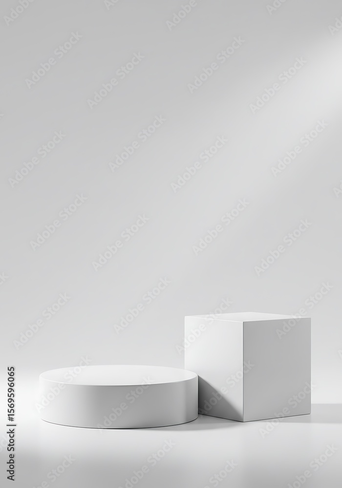 Poster minimalist composition featuring a cylindrical podium and a square block with soft lighting.