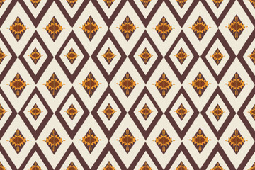 This pattern presents a traditional diamond layout with a clean cream background, dark brown outlines, and warm golden-orange motifs at the center of each diamond. It reflects a classic Thai textile 