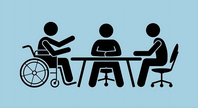 Three stick figures seated at a table, one in a wheelchair, discussing.