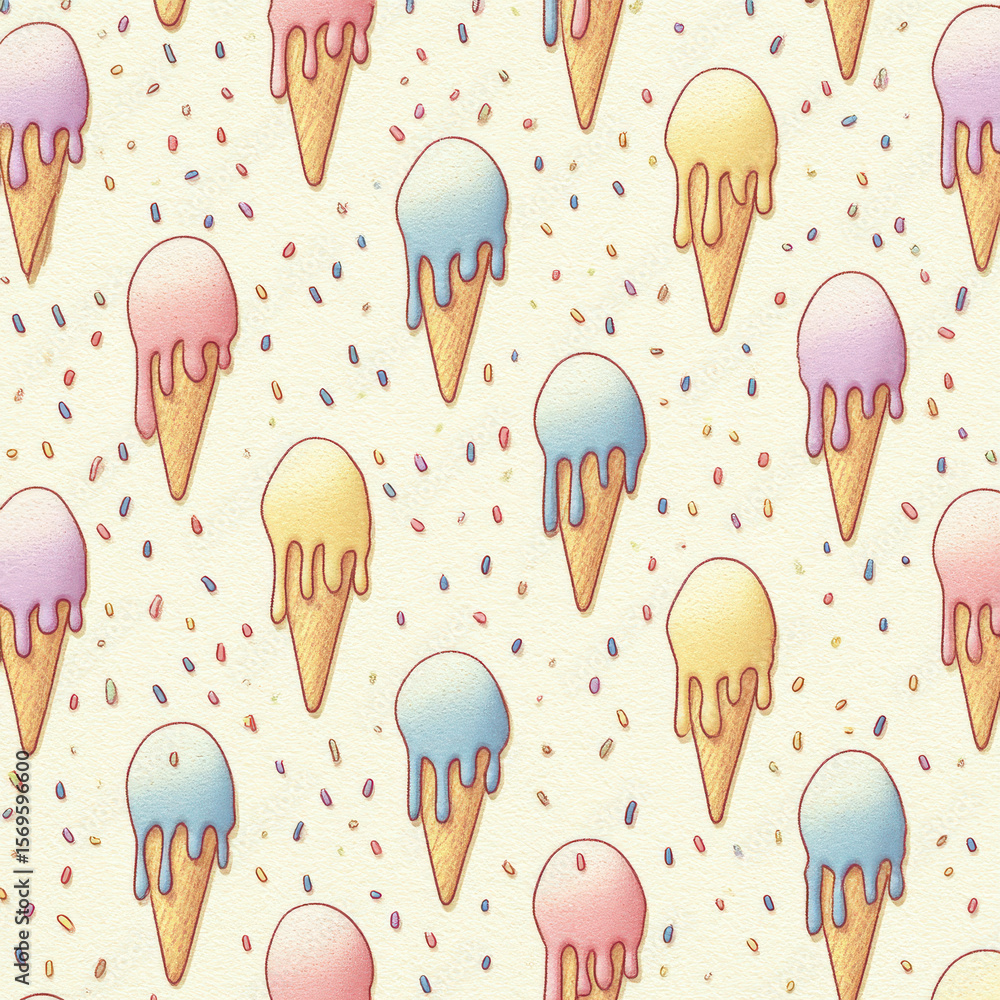 Poster vibrant seamless pattern of dripping ice cream cones with colorful sprinkles on a soft cream backgro