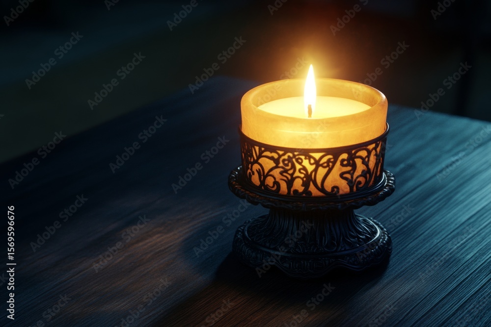 Poster a glowing candle rests in an intricate holder, casting soft shadows on a dark wooden table, creating