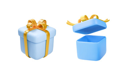 3d realistic vector icon of blue gift box. Opened and closed gift boxes Set of white gift boxes with yellow golden ribbons bow. Present box isolated on white background.